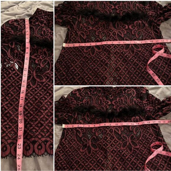 Dance & Marvel Lace Mockneck Open Back Feather Trim Blouse Maroon Black M - Picture 11 of 11